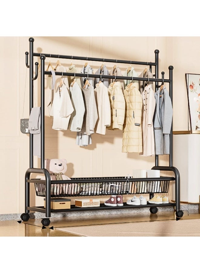 علاقة ملابس متنقلة 2 في 1 بتصميم اسود فاخر، مع أرفف سفلية وشماعات متعددة